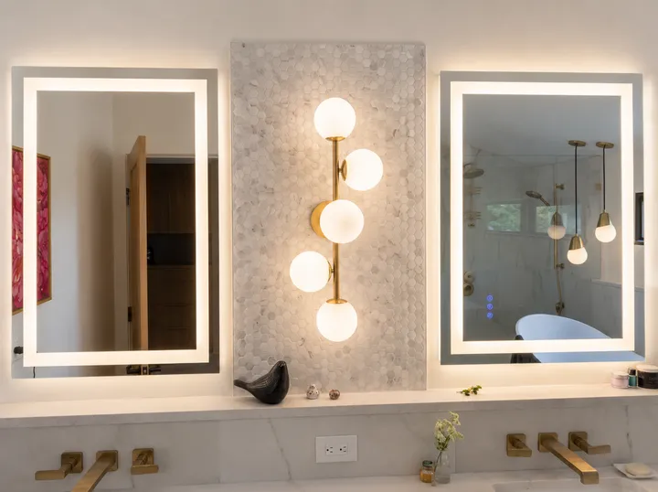 Around the House — double vanity with brass sconce