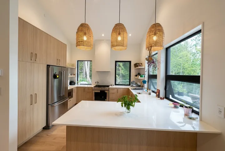 Around the House — kitchen with woven pendant lights
