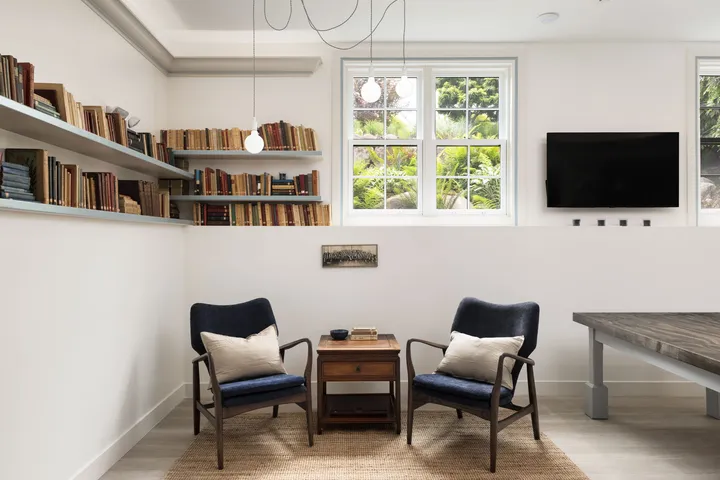 Church Community Space — twin blue armchairs nook